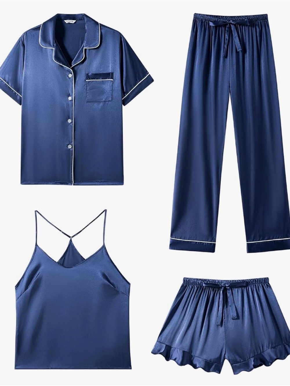 Small Navy Blue Soft Pajamas Women Set 4Pcs Ruffled Pajama Button Down Shorts